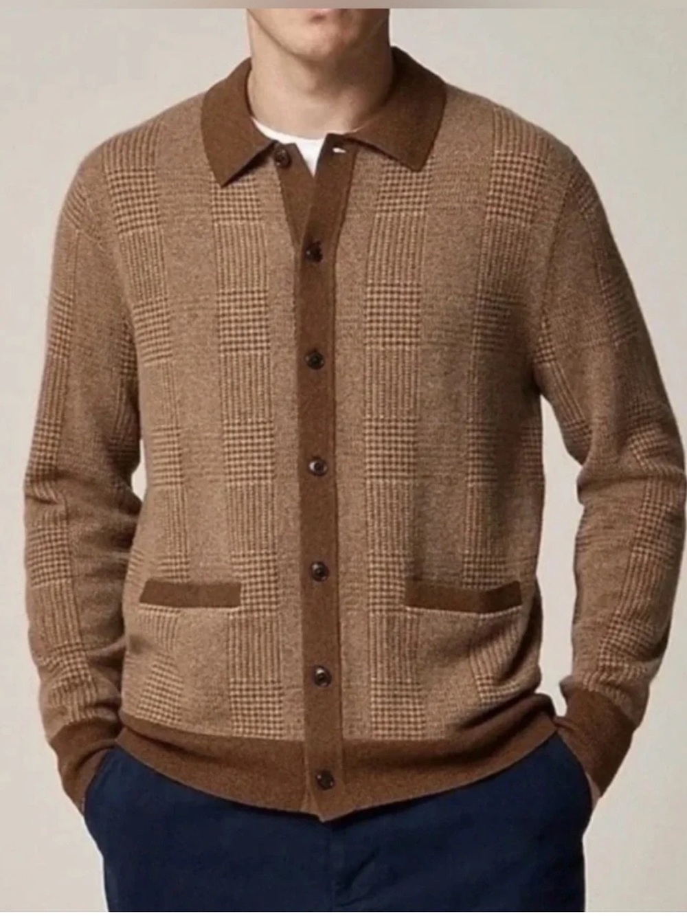 J Crew 100% Cashmere Polo Cardigan Sweater in Glen Plaid